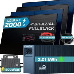 ® 2000W Balkonkraftwerk mit 2,01 kWh Speicher TSUN SOLARCAN TSOL-DCU2000Lite, BIFAZIAL FULLBLACK komplett Steckdose, PV Solaranlage Komplettset mit Solarspeicher, 4x 500W Glas-Bifacial ^ SUNNIVA Sale