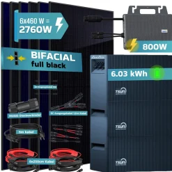 ® 2760W Balkonkraftwerk mit 6,03 kWh Speicher TSUN SOLARCAN TSOL-DCU2000Lite, BIFAZIAL FULLBLACK komplett Steckdose, PV Solaranlage Komplettset mit Solarspeicher, 6x 500W Glas-Glas Bifacial ^ SUNNIVA Outlet