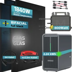 SUNNIVA ® 1840W Balkonkraftwerk mit 2,24 kWh Speicher Marstek B2500-D, BIFAZIAL FULLBLACK komplett Steckdose, PV Solaranlage Komplettset mit Solarspeicher, 4x 460W N-Type Glas-Glas Bifacial Module Outlet