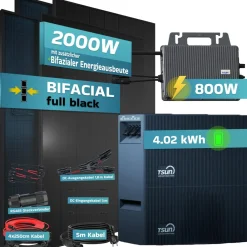 SUNNIVA ® 2000W Balkonkraftwerk mit 4,02 kWh Speicher TSUN SOLARCAN TSOL-DCU2000Lite, BIFAZIAL FULLBLACK komplett Steckdose, PV Solaranlage Komplettset mit Solarspeicher, 4x 500W Glas-Bifacial Discount