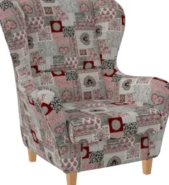 Sofia Ohrensessel mit Hocker | Design Patchwork Ornamente, Herz Rot ^ Supellex Clearance