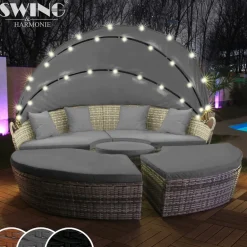 SWING&HARMONIE LED - Sonneninsel Rattan Lounge Polyrattan Sitzgruppe Liege Insel inkl. Abdeckcover  - versch. Ausführungen schwarz Discount