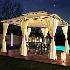 SWING&HARMONIE Luxus LED - Pavillon 3x4m Minzo - inkl. Seitenwände mit LED Beleuchtung + Solarmodul Gartenpavillon, creme
