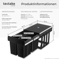 TecTake ® Abfallsammler, 3-fach Mülltrennung, 2x8L und 1x15L, für Schränke ab 40 cm Breite, 35 x 48 x 35 cm Outlet