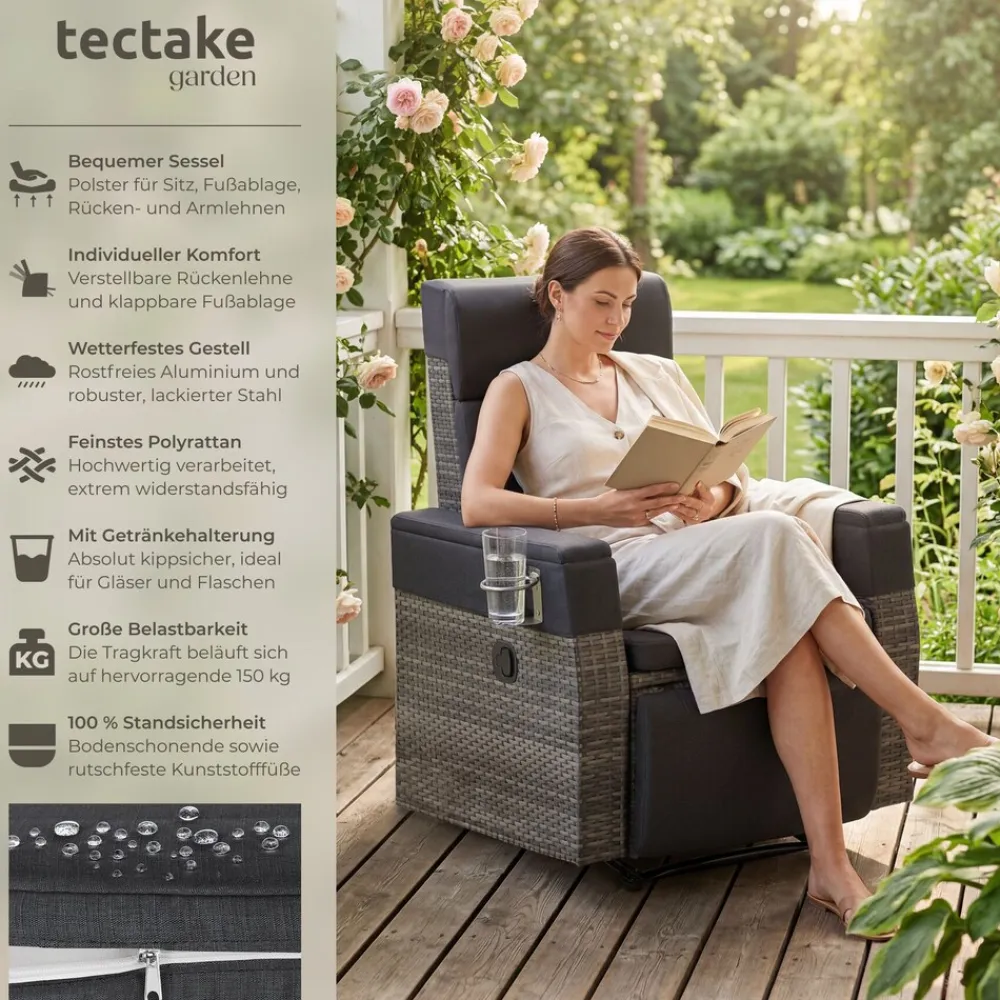 ® Aluminium Rattansessel, verstellbare Rückenlehne und Fußablage, abnehmbare Polster mit waschbaren Bezügen, Belastbarkeit 150 kg, 80 x 80 - 157 x 80 - 97 cm ^ TecTake Clearance