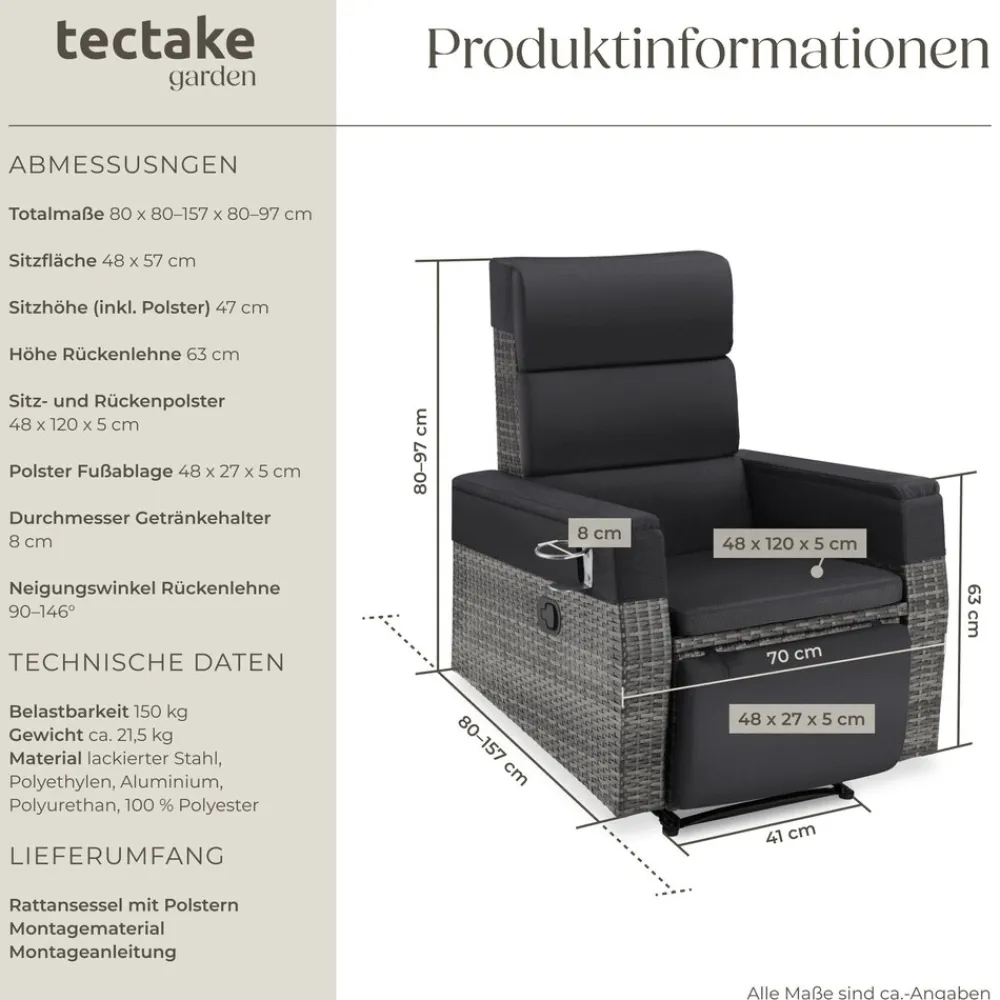 ® Aluminium Rattansessel, verstellbare Rückenlehne und Fußablage, abnehmbare Polster mit waschbaren Bezügen, Belastbarkeit 150 kg, 80 x 80 - 157 x 80 - 97 cm ^ TecTake Clearance
