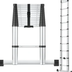 ® Aluminium Teleskopleiter, 3,85 m, 13 Sprossen, gummierte Anlegekanten, zuverlässige Arretierung und Soft Close ^ TecTake Clearance