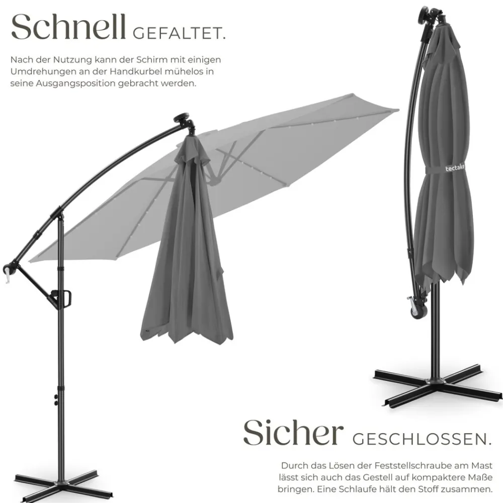 ® Ampelschirm, 3 x 3 m, 360° drehbar, Kurbelmechanismus, mit LED Solar-Beleuchtung, inkl. Schutzhülle ^ TecTake New