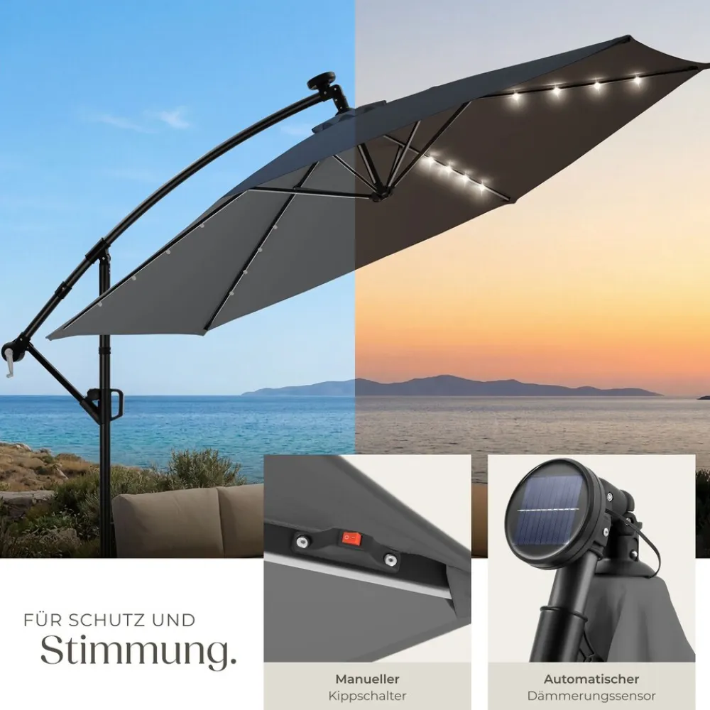 ® Ampelschirm, 3 x 3 m, 360° drehbar, Kurbelmechanismus, mit LED Solar-Beleuchtung, inkl. Schutzhülle ^ TecTake New