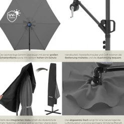 ® Ampelschirm, 3 x 3 m, 360° drehbar, Kurbelmechanismus, mit LED Solar-Beleuchtung, inkl. Schutzhülle ^ TecTake New