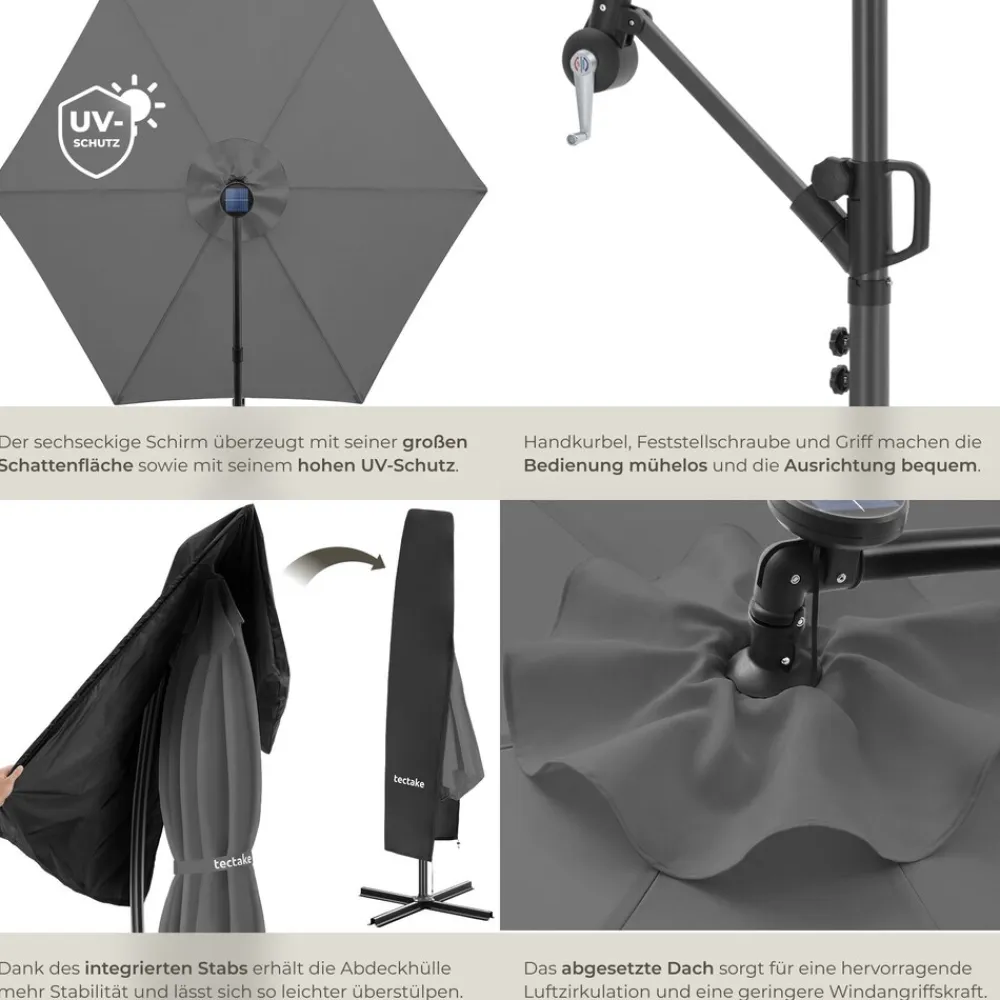 ® Ampelschirm, 3 x 3 m, 360° drehbar, Kurbelmechanismus, mit LED Solar-Beleuchtung, inkl. Schutzhülle ^ TecTake New