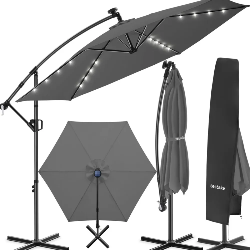 ® Ampelschirm, 3 x 3 m, 360° drehbar, Kurbelmechanismus, mit LED Solar-Beleuchtung, inkl. Schutzhülle ^ TecTake New