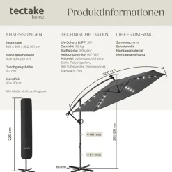 ® Ampelschirm, 3 x 3 m, 360° drehbar, Kurbelmechanismus, mit LED Solar-Beleuchtung, inkl. Schutzhülle ^ TecTake New