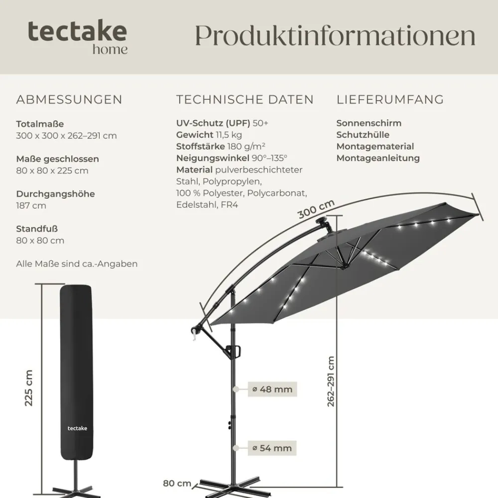 ® Ampelschirm, 3 x 3 m, 360° drehbar, Kurbelmechanismus, mit LED Solar-Beleuchtung, inkl. Schutzhülle ^ TecTake New