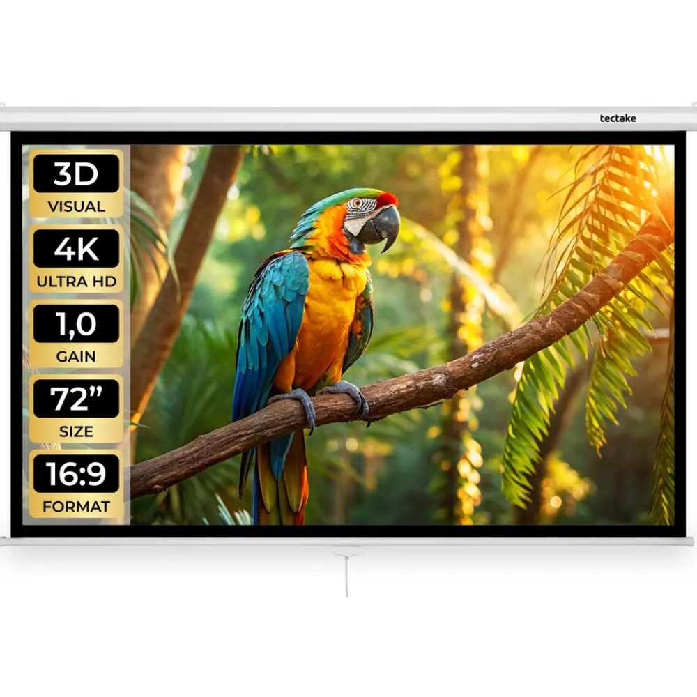 ® Beamer-Leinwand, für 4K, HD, Ultra HD und Full HD, Gain-Faktor 1,0, ausziehbares Gewebetuch, faltenfrei, Format 16:9, 72“ ^ TecTake New