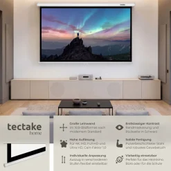 ® Beamer-Leinwand, für 4K, HD, Ultra HD und Full HD, Gain-Faktor 1,0, ausziehbares Gewebetuch, faltenfrei, Format 16:9, 72“ ^ TecTake New