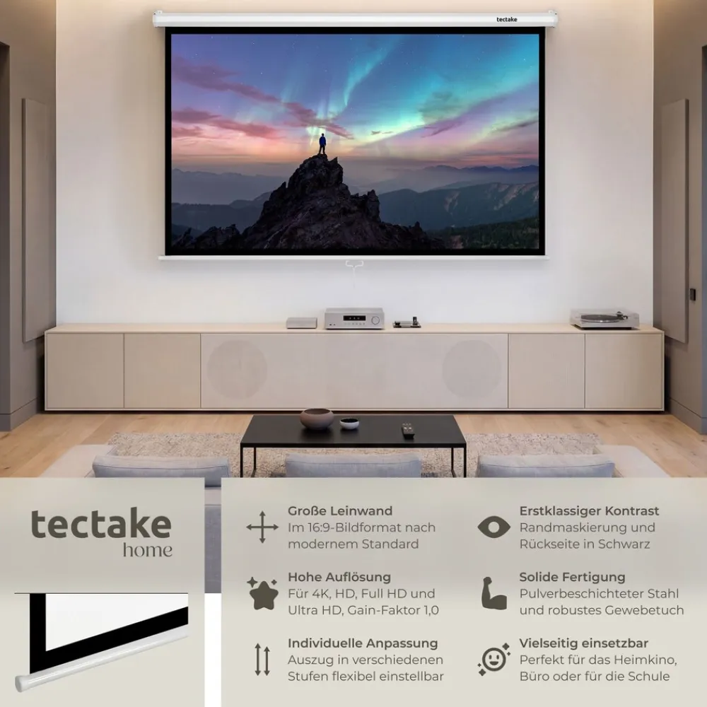 ® Beamer-Leinwand, für 4K, HD, Ultra HD und Full HD, Gain-Faktor 1,0, ausziehbares Gewebetuch, faltenfrei, Format 16:9, 72“ ^ TecTake New