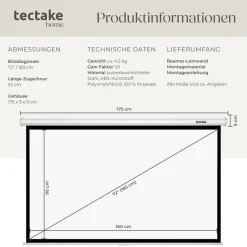 ® Beamer-Leinwand, für 4K, HD, Ultra HD und Full HD, Gain-Faktor 1,0, ausziehbares Gewebetuch, faltenfrei, Format 16:9, 72“ ^ TecTake New