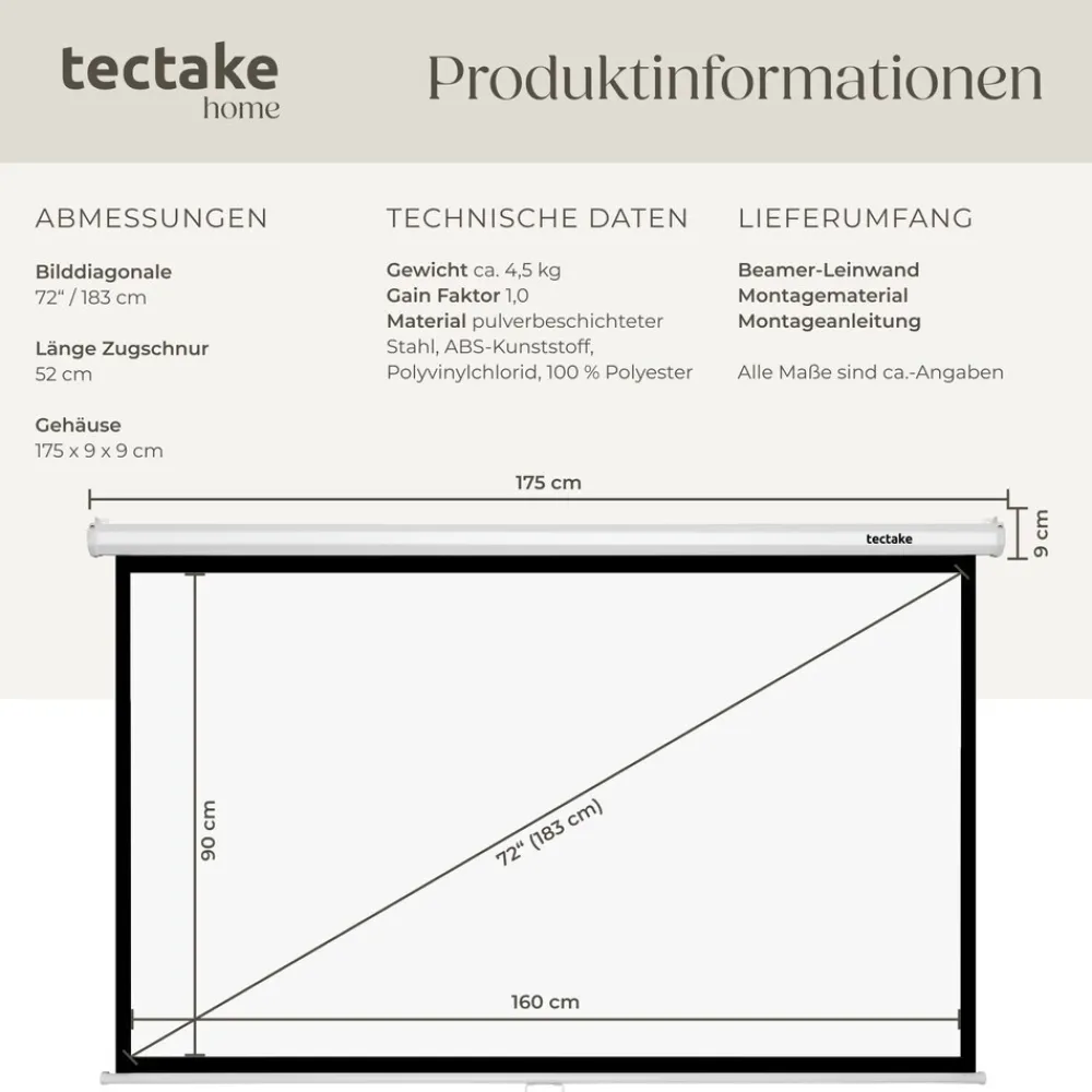 ® Beamer-Leinwand, für 4K, HD, Ultra HD und Full HD, Gain-Faktor 1,0, ausziehbares Gewebetuch, faltenfrei, Format 16:9, 72“ ^ TecTake New