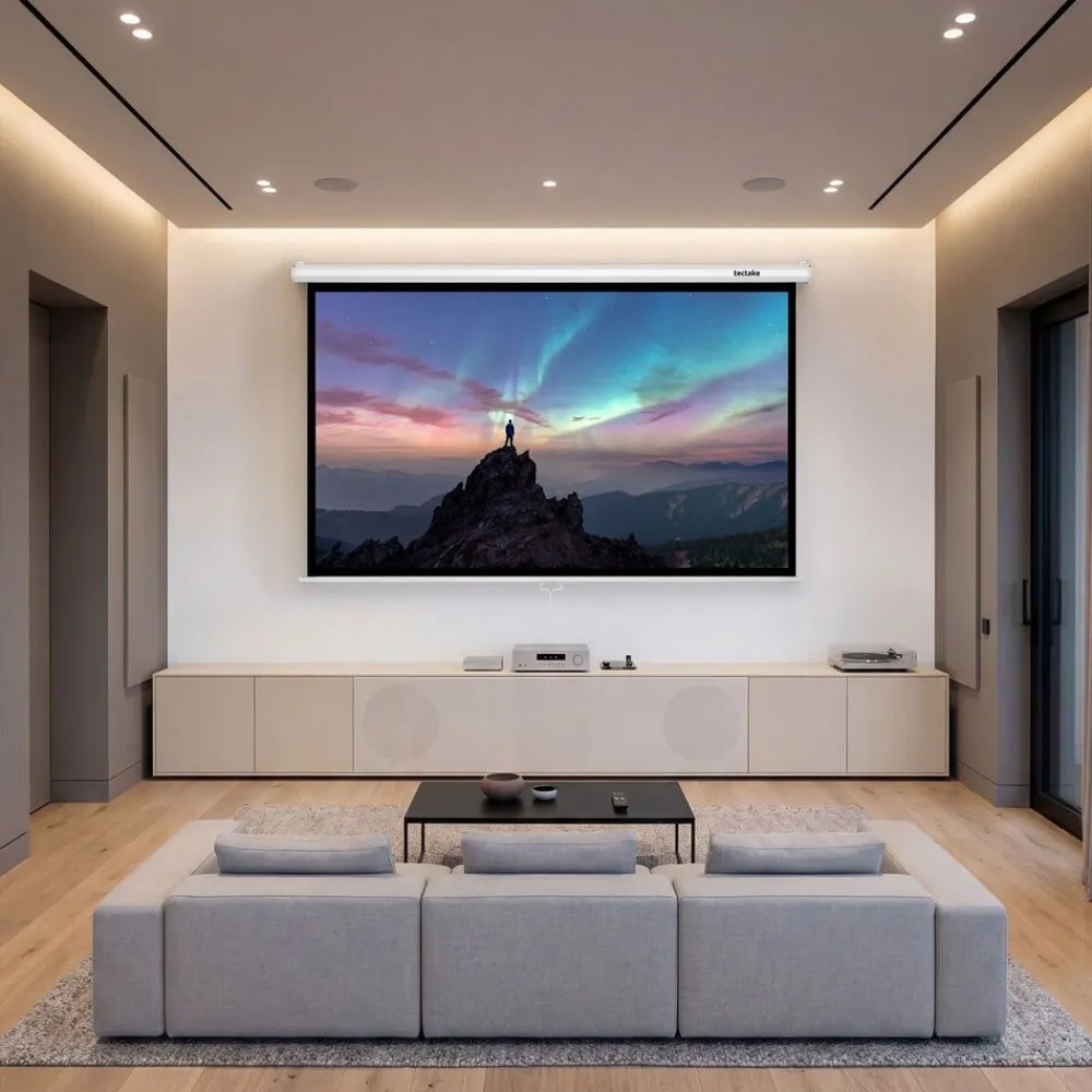® Beamer-Leinwand, für 4K, HD, Ultra HD und Full HD, Gain-Faktor 1,0, ausziehbares Gewebetuch, faltenfrei, Format 16:9, 72“ ^ TecTake New