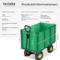 TecTake ® Bollerwagen, mit klappbaren Seitenwänden, leichtgängige Lenkachse mit gepolstertem Griff, Belastbarkeit 544 kg Sale