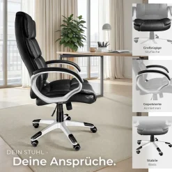 ® Bürostuhl, 360° drehbar und stufenlos höhenverstellbar, doppelte Polsterung mit Kunstlederbezug, einstellbare Wippfunktion ^ TecTake Clearance