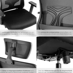 TecTake ® Bürostuhl, ergonomische Form mit Lordosenstütze und verstellbarer Kopfstütze, mit Netzstoffbezug, höhenverstellbare Armlehnen und Wippfunktion, stufenlos höhenverstellbar