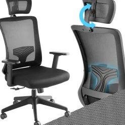 TecTake ® Bürostuhl, ergonomische Form mit Lordosenstütze und verstellbarer Kopfstütze, mit Netzstoffbezug, höhenverstellbare Armlehnen und Wippfunktion, stufenlos höhenverstellbar