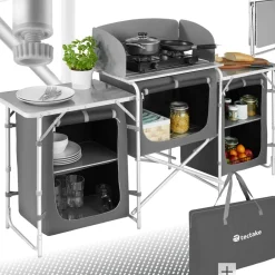 ® Campingküche XXL mit Aluminiumgestell und 5 Fächern, faltbar, mit großem Stauraum und Windschutz, 172 x 52 x 104 cm ^ TecTake