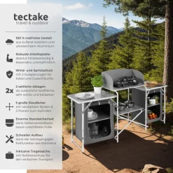 ® Campingküche XXL mit Aluminiumgestell und 5 Fächern, faltbar, mit großem Stauraum und Windschutz, 172 x 52 x 104 cm ^ TecTake