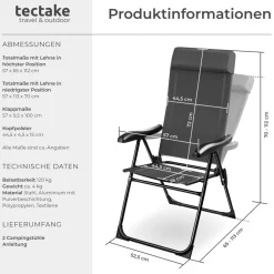 TecTake ® Campingstuhl, klappbar, 7-fach verstellbare Rückenlehne mit Kopfpolster, Belastbarkeit 120 kg, 57 x 65 x 112 cm Hot