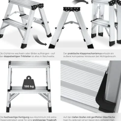 TecTake ® Doppelseitige Aluminium Trittleiter, 2 Stufen, klappbar, geriffelte Trittfläche, Belastbarkeit 150 kg Clearance