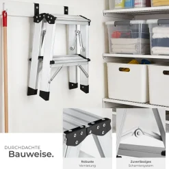 TecTake ® Doppelseitige Aluminium Trittleiter, 2 Stufen, klappbar, geriffelte Trittfläche, Belastbarkeit 150 kg Clearance