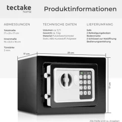 ® Elektronischer Safe, mit Doppelbolzen-Verschlusssystem, wählbarer Sicherheitscode und 2 Schlüssel zur Notöffnung, 17 x 23 x 17 cm ^ TecTake Hot