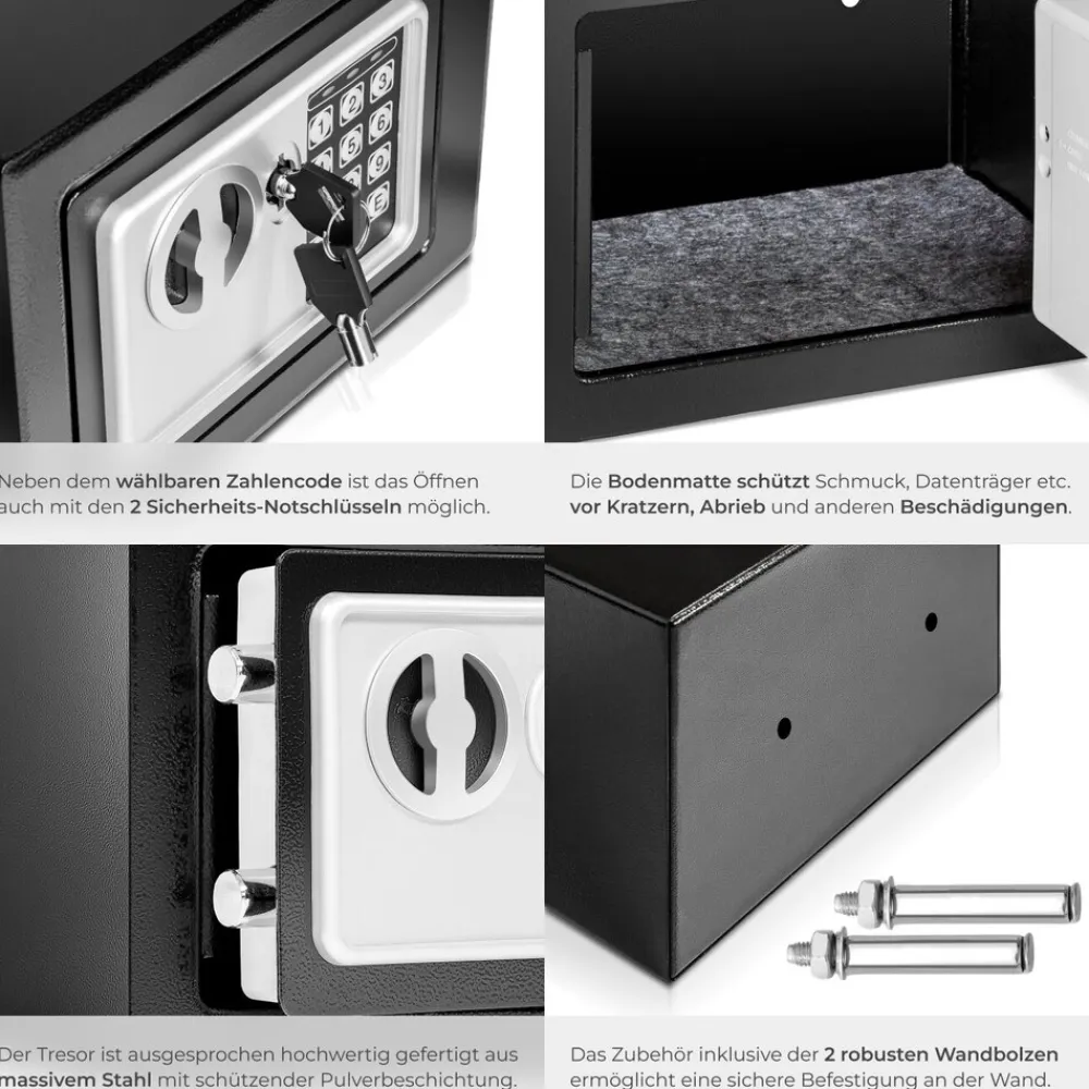 ® Elektronischer Safe, mit Doppelbolzen-Verschlusssystem, wählbarer Sicherheitscode und 2 Schlüssel zur Notöffnung, 17 x 23 x 17 cm ^ TecTake Hot