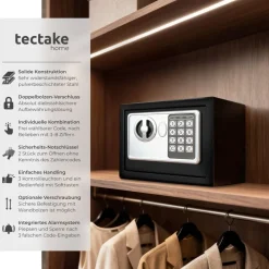 ® Elektronischer Safe, mit Doppelbolzen-Verschlusssystem, wählbarer Sicherheitscode und 2 Schlüssel zur Notöffnung, 17 x 23 x 17 cm ^ TecTake Hot