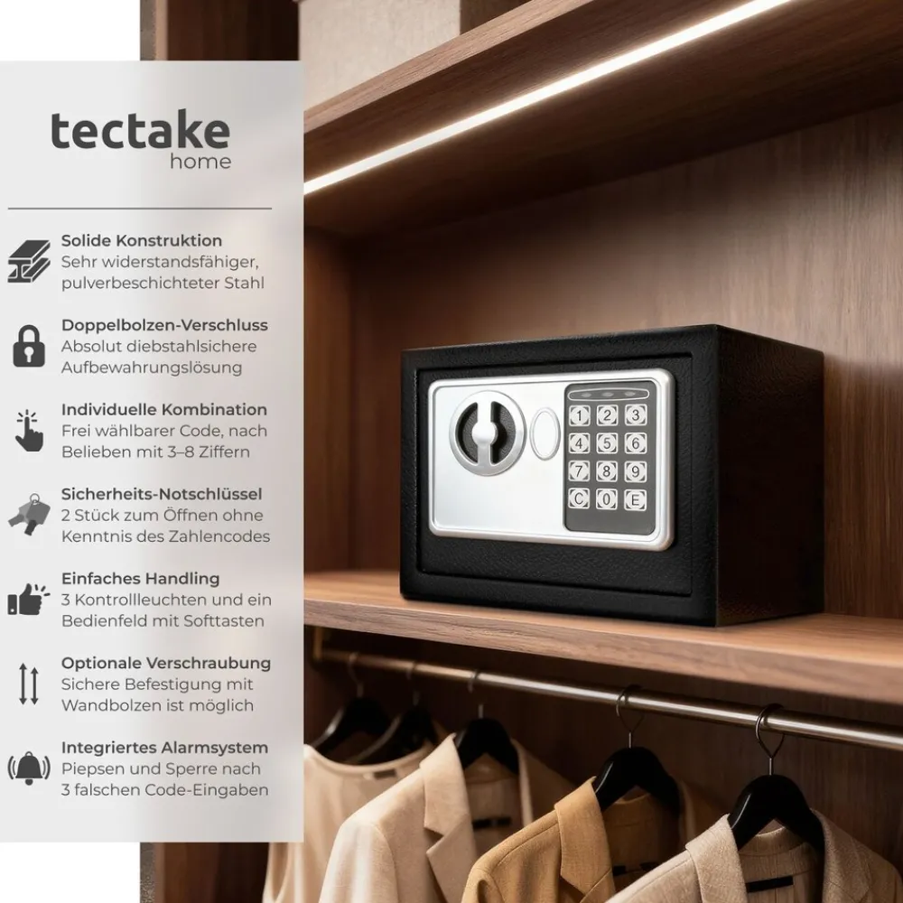 ® Elektronischer Safe, mit Doppelbolzen-Verschlusssystem, wählbarer Sicherheitscode und 2 Schlüssel zur Notöffnung, 17 x 23 x 17 cm ^ TecTake Hot