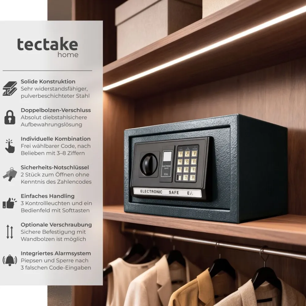 TecTake ® Elektronischer Safe, mit Doppelbolzen-Verschlusssystem, wählbarer Sicherheitscode und 2 Schlüssel zur Notöffnung, 20 x 31 x 22 cm Clearance