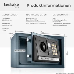 TecTake ® Elektronischer Safe, mit Doppelbolzen-Verschlusssystem, wählbarer Sicherheitscode und 2 Schlüssel zur Notöffnung, 20 x 31 x 22 cm Clearance