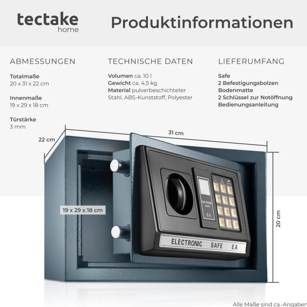 TecTake ® Elektronischer Safe, mit Doppelbolzen-Verschlusssystem, wählbarer Sicherheitscode und 2 Schlüssel zur Notöffnung, 20 x 31 x 22 cm Clearance
