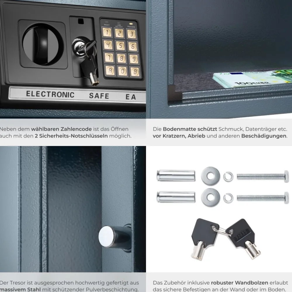 TecTake ® Elektronischer Safe, mit Doppelbolzen-Verschlusssystem, wählbarer Sicherheitscode und 2 Schlüssel zur Notöffnung, 20 x 31 x 22 cm Clearance