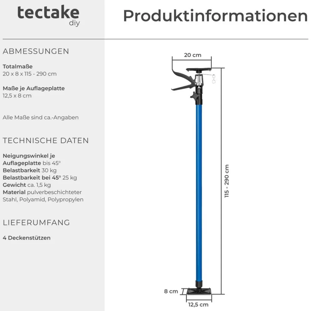 ® 4er-Set Teleskopstützen, stufenlos höhenverstellbar, Belastbarkeit 30 kg je Stütze, mit Schnellspannsystem ^ TecTake Online