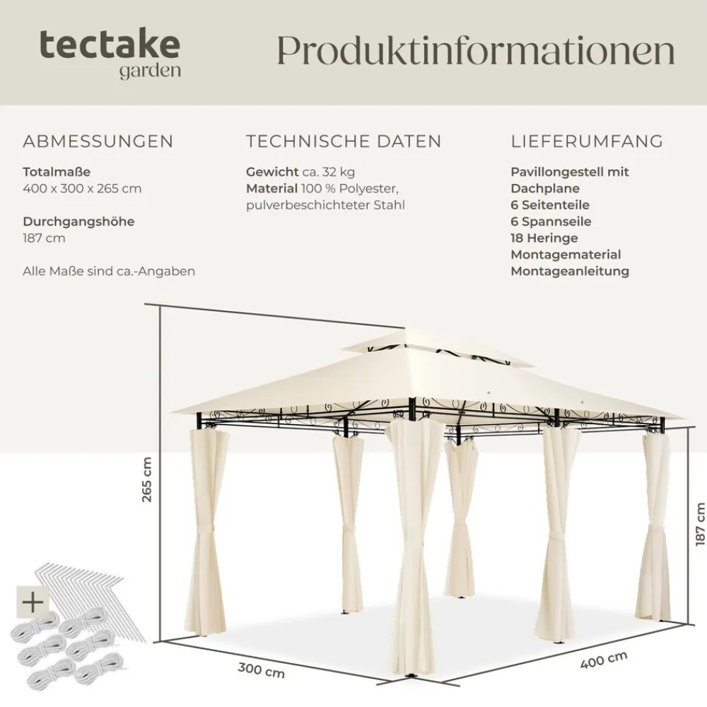 ® Gartenpavillon, 4 x 3 m, Doppeldachsystem, inklusive Spannseilen und Heringen ^ TecTake Best