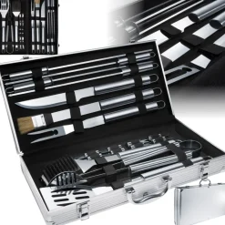 ® Grillbesteck mit Aluminiumkoffer, aus Edelstahl, Innenverkleidung aus Samt, lange Griffe ^ TecTake New