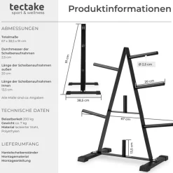 TecTake ® Hantelscheibenständer, mit 7 Aufnahmen, platzsparend, bodenschonende Kunststoffkappen, Belastbarkeit 200 kg New
