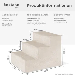 TecTake ® Haustiertreppe, für Hunde und Katzen, Belastbarkeit 50 kg, pflegeleicht, 37 x 45 x 34,5 cm Sand