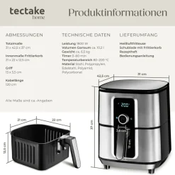 TecTake ® Heißluftfritteuse, 10,2 l, 1800 W, Timer und Temperatursteuerung, SGS-Zertifikat, inklusive Rezeptheft Online