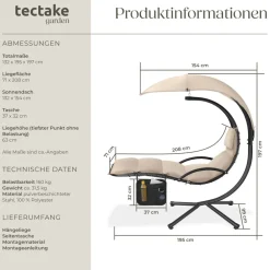 ® Hängeliege mit Gestell, großes Sonnendach mit UV-Schutz, ergonomisch, 195 x 132 x 197 cm, mit Seitentasche ^ TecTake Best
