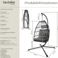 ® Hängesessel mit Gestell, mit extra dickem Sitz- und Kopfkissen, Belastbarkeit 160 kg, inklusive Schutzhülle, 98 x 107 x 202 cm ^ TecTake Outlet