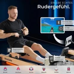 TecTake ® Holzrudergerät, aus massiver Buche, klappbar, 6-fach verstellbare Pedale, mit LCD-Anzeige, flexibler Handyhalterung und Bluetooth Hot